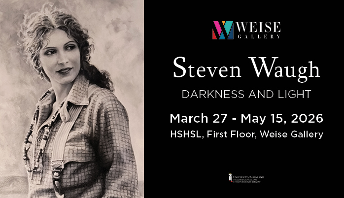 Black-and-white photo of a person beside exhibition details for Steven Waugh's "Darkness and Light" at Weise Gallery.